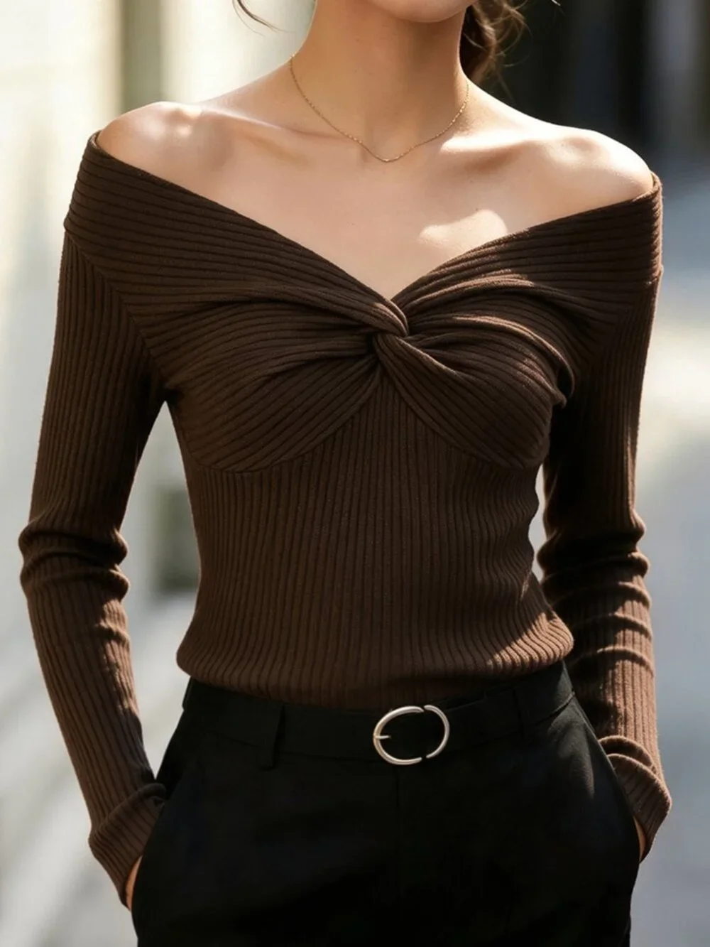 Brown Casual Women's Twisted Knot Rib-Knit Boat Neck Long Sleeve Top